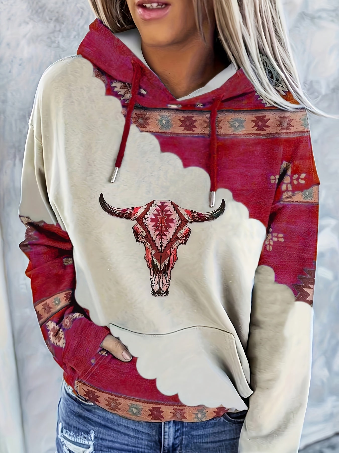 Casual Long Sleeve Geometric Print Hoodie - Aztec Drawstring with Kangaroo Pockets for Spring & Fall - Women's Clothing