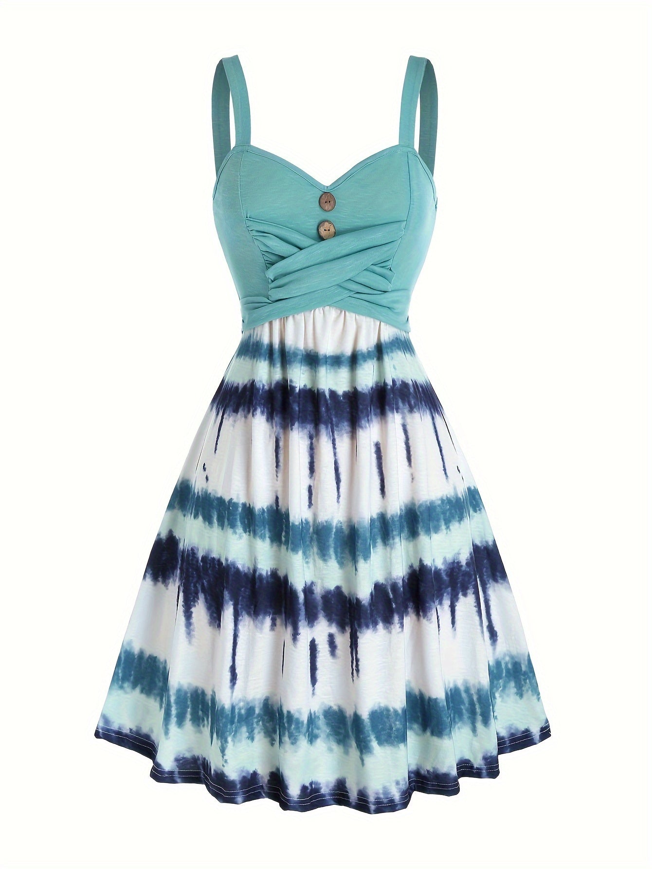 Tie Dye Print Fake Button Dress, Casual Sleeveless Backless For Summer, Women's Clothing