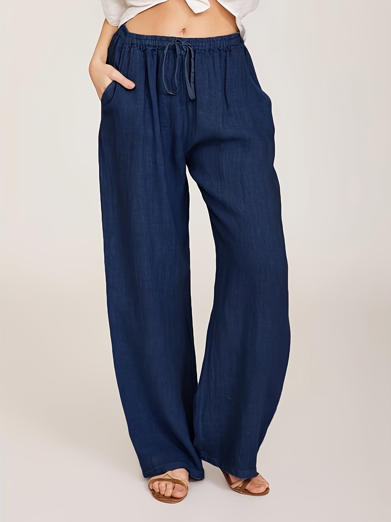Drawstring Wide Leg Pants, Solid Loose Palazzo Pants, Casual Every Day Pants, Women's Clothing