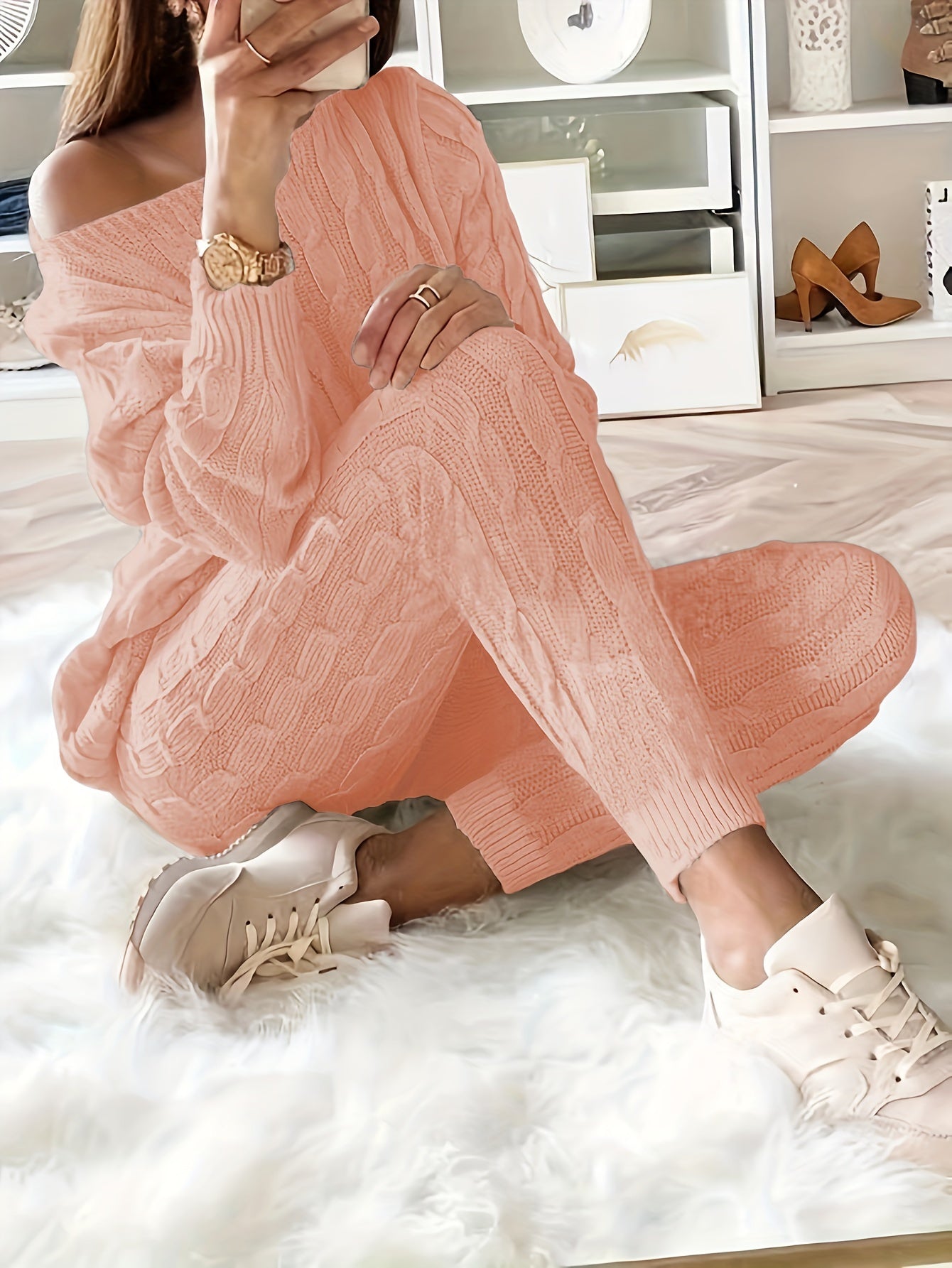 Solid Knitted Matching Two-piece Set, Casual Long Sleeve Sweater & Pants Outfits, Women's Clothing