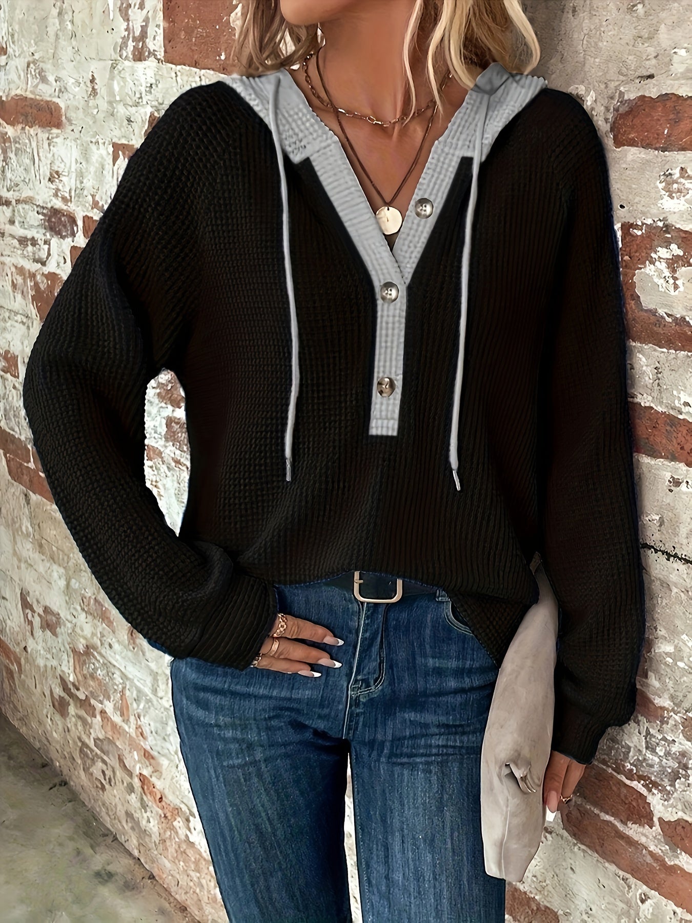 Color Block Button Front Drawstring Hoodie, Casual Long Sleeve Hoodie Sweatshirt, Women's Clothing