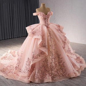 Royal Pink Sweet 16 Quinceanera Dress Tassel Ball Gown Sweetheart Short Sleeves Shiny Applique Mexico Vestidos De 15 Años