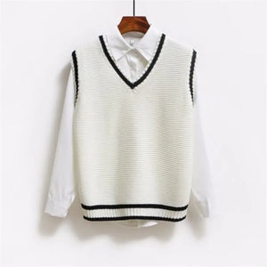 Korean Style Fashion Women Sleeveless Sweater Vest 2024 V Neck Knitted Pullover Female Spring Fall Jumper Top Knitwear Outerwear