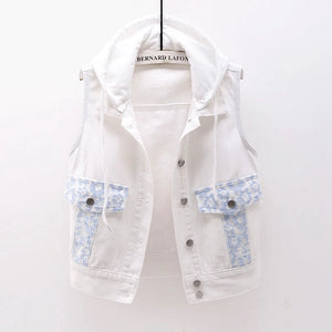 Denim Vest Women's Thin Spring Summer Clothes Lace Embroidered Pocket Short Female Pink Waistcoat With Detachable Hat Waistcoat