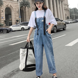 Street High Women Loose Fit Jeans Overalls Suspender Denim Rompers Female Summer Boyfriend Style Casual Belted Jumpsuit Pants