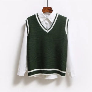 Korean Style Fashion Women Sleeveless Sweater Vest 2024 V Neck Knitted Pullover Female Spring Fall Jumper Top Knitwear Outerwear