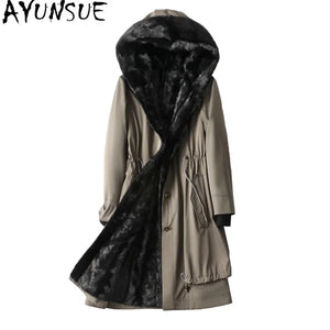 AYUNSUE 100% Real Mink Fur Liner Parka Female Winter 2021 Hooded Elegant Fur Coat Autumn Women's Clothing Casaco Feminino Gxy519