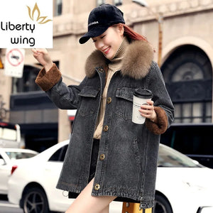 Winter Women Medium Long Loose Jean Cotton Coat Fashion Thick Fox Fur Covered Button Turn-down Collar Denim Jacket Female