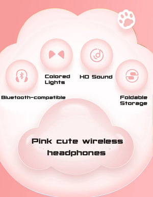 Pink Cute Cat Ears Wireless Headphone Bluetooth-compatible Headset Stereo Foldable Earphone with Microphone Music Kid Girl Gift