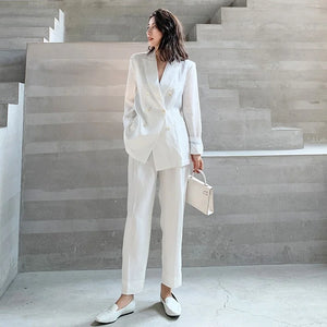 Cotton Women Linen Blazer Trousers 2 Piece Set Elegant Office Lady Solid White Double Breasted Thin Suit Jackets Loose Fit Pants