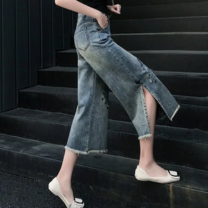 Ripped Hole Sequined High Waist Side Split Women Denim Pants Streetwear Ankle Length Female Casual Loose Straight Wide Leg Pants