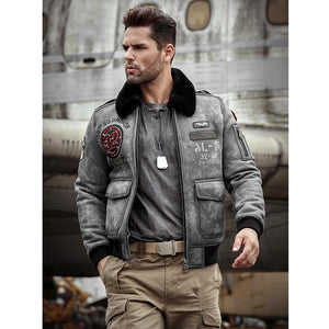 2019 Mens Gray Shearling Jacket Leather Jacket Fur Coat Mens Airforce Flight Coat Embroidered Jacket