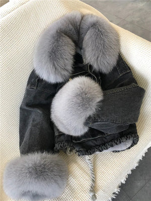 Winter Thick Warm Coat Women Real Fur Denim Jacket 2020 New Korean Fox Fur Collar Rex Rabbit Liner Bat Sleeve Loose Female Parka