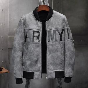 Mens Gray Shearling Coat Sheepskin Leather Overcoat Motorcycle B3 Flight Jacket Baseball Uniform