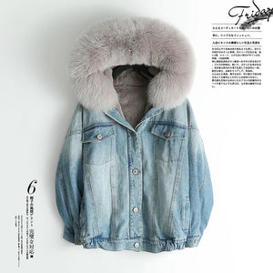 Real Parka Fur Coat Female Rabbit Fur Liner Denim Jacket Winter Coat Women Fox Fur Collar Warm Korean Jackets MY4586 s