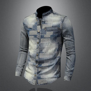 Vintage 2022 Personality Patches Cotton Denim Shirt Autumn Mens Slim Fit Long Sleeve Jeans Tops Distressed Casual Cowboy Shirt