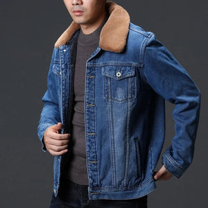 New Winter Brand Thick Warm Fleece Lining Mens Denim Jackets Long Sleeve Single Breasted Faux Fur Collar Casual Coats Plus Size