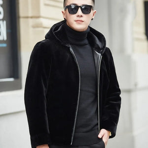 Solid Black Hooded Jacket Men Double-Faced Fur Cashmere Faux Leather Coat Slim Fit Warm Plus Size 4XL Luxury Clothes 2020 New