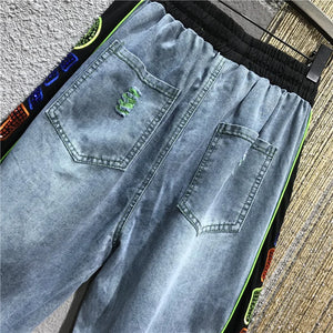 Diamonds Fashion Jeans Women Summer Elastic Waist Loose Ankle Length Pants Outdoor Hip Hop Denim Patchwork Harem Pants Female