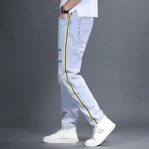 Men Summer Loose Fit Hole Ripped Jeans Side Striped Hip Hop Denim Harem Pants Casual Streetwear Man Long Trousers Fashion Jeans