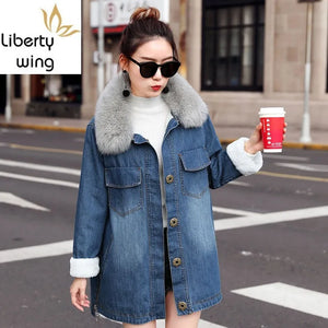 Winter Women Medium Long Loose Jean Cotton Coat Fashion Thick Fox Fur Covered Button Turn-down Collar Denim Jacket Female