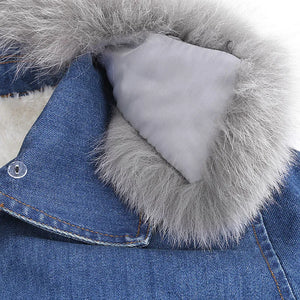 Winter Women Medium Long Loose Jean Cotton Coat Fashion Thick Fox Fur Covered Button Turn-down Collar Denim Jacket Female