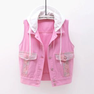 Denim Vest Women's Thin Spring Summer Clothes Lace Embroidered Pocket Short Female Pink Waistcoat With Detachable Hat Waistcoat