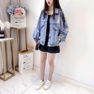 Back Harajuku Embroidered Flares Sequins Womens Denim Jackets Beading Tassel Hole Ripped Patchs Long Sleeve Female Loose Coats