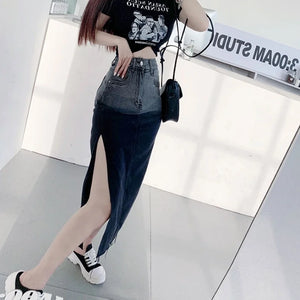 Sexy 2022 Wrap High Split Denim Skirt Women Fashion Streetwear Summer Gradient Colour High Waist Mid-Calf A Line Skirt Female