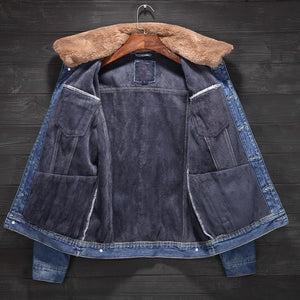 New Winter Brand Thick Warm Fleece Lining Mens Denim Jackets Long Sleeve Single Breasted Faux Fur Collar Casual Coats Plus Size