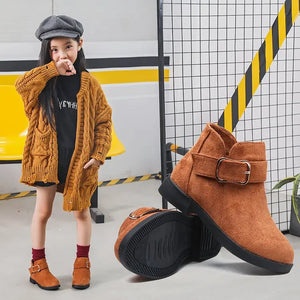 2022 Winter Girls Winter Boots Classic Buckle Kids Ankle Boots Children Tide Boots Flock With Rubber Sole Short Soft Fashion