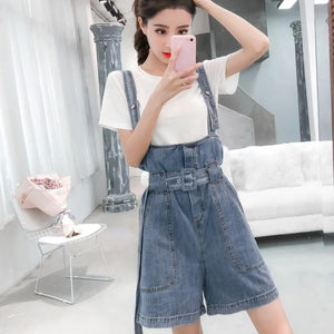 Street High Women Loose Fit Jeans Overalls Suspender Denim Rompers Female Summer Boyfriend Style Casual Belted Jumpsuit Pants