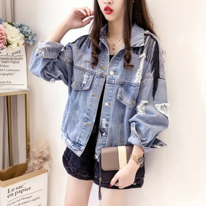 Back Harajuku Embroidered Flares Sequins Womens Denim Jackets Beading Tassel Hole Ripped Patchs Long Sleeve Female Loose Coats