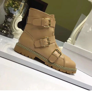 Boots Women Winter Botas Mujer Leather Ankle Boots For Women Chunky Heels Motorcycle Boots Buckle Ladies Shoes Zapatos De Mujer