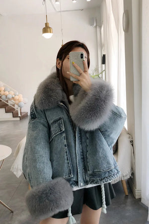 Winter Thick Warm Coat Women Real Fur Denim Jacket 2020 New Korean Fox Fur Collar Rex Rabbit Liner Bat Sleeve Loose Female Parka