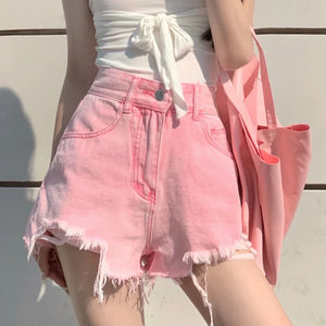 QOERLIN Women's Pink Denim Shorts Ripped High Waist Shorts Female  Sexy Summer Beach Hot Pants Chic Streetwear Women Clothing