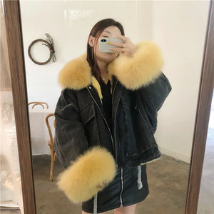 Winter Thick Warm Coat Women Real Fur Denim Jacket 2020 New Korean Fox Fur Collar Rex Rabbit Liner Bat Sleeve Loose Female Parka