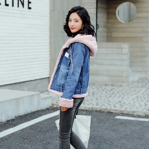 Women Winter Thick Warm Fur Lining Short Denim Jacket Hoody Slim Fit Jeans Coat Female Casual Overcoat Streetwear Parkas Jacket