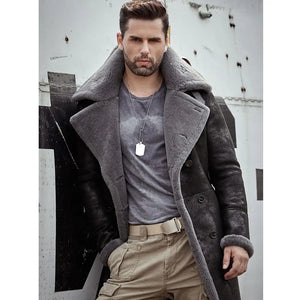 Mens Black Shearling Jacket B3 Flight Jacket Sheepskin Aviator Long Mens Winter Coats Fur Bomber Leather Jacket Trench Coat