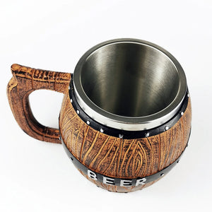 Viking Wood Style Beer Mug Simulation Wooden Barrel Beer Cup Double Wall Drinking Mug Metal Insulated Bar Drinking Coffee Cup