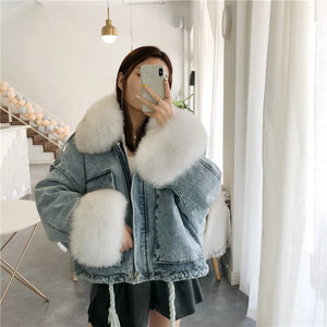 Winter Thick Warm Coat Women Real Fur Denim Jacket 2020 New Korean Fox Fur Collar Rex Rabbit Liner Bat Sleeve Loose Female Parka