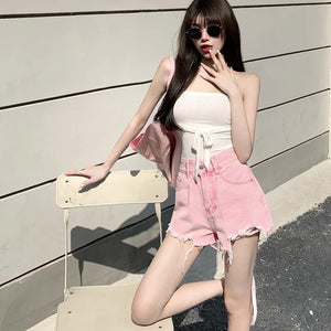 QOERLIN Women's Pink Denim Shorts Ripped High Waist Shorts Female  Sexy Summer Beach Hot Pants Chic Streetwear Women Clothing