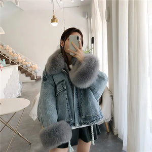 Winter Thick Warm Coat Women Real Fur Denim Jacket 2020 New Korean Fox Fur Collar Rex Rabbit Liner Bat Sleeve Loose Female Parka