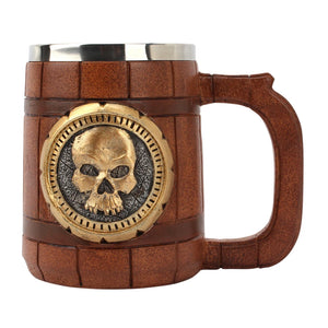 Viking Wood Style Beer Mug Simulation Wooden Barrel Beer Cup Double Wall Drinking Mug Metal Insulated Bar Drinking Coffee Cup