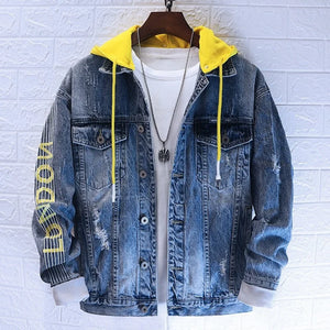 Hooded New Denim Jackets Men Korean Loose Fit Single Breasted 100% Cotton Letter Hole Wash Fashion Casual Jeans Coats Male