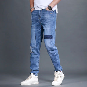 Summer New Men Loose Jeans Biker Blue Spliced Straight Denim Trousers Casual Preppy Style Zipper Thin Pants Male Pockets 28-36