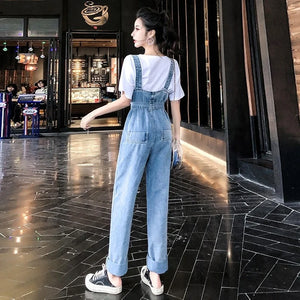 Street High Women Loose Fit Jeans Overalls Suspender Denim Rompers Female Summer Boyfriend Style Casual Belted Jumpsuit Pants