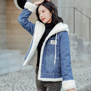 Women Winter Thick Warm Fur Lining Short Denim Jacket Hoody Slim Fit Jeans Coat Female Casual Overcoat Streetwear Parkas Jacket