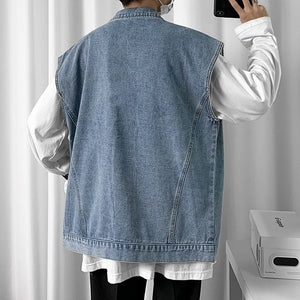 Men Harajuku Loose Fit Sleeveless Denim Jacket Pockets Casual Hip Hop Vest Top Single Breasted Streetwear Preppy Style Waistcoat