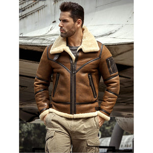 2019 New Mens Shearling Jacket B3 Flight Jacket Sheepskin Aviator Winter Coat Fur Bomber Leather Jacket